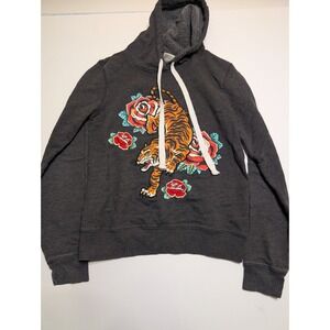 Freeze Womens Tiger and Roses Graphic Hoodie Charcoal Gray Fleece Sweatshirt S